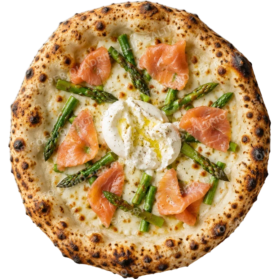 Pizza Marko con burrata, asparagi e salmone